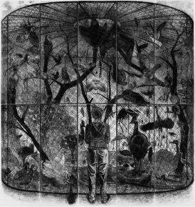 Agathe May - Haute et basse cour - 2013-2014 - xylographie en noir et blanc sur papier Japon - 260 x 245 cm   Galerie Catherine Putman  - Copie 755x800