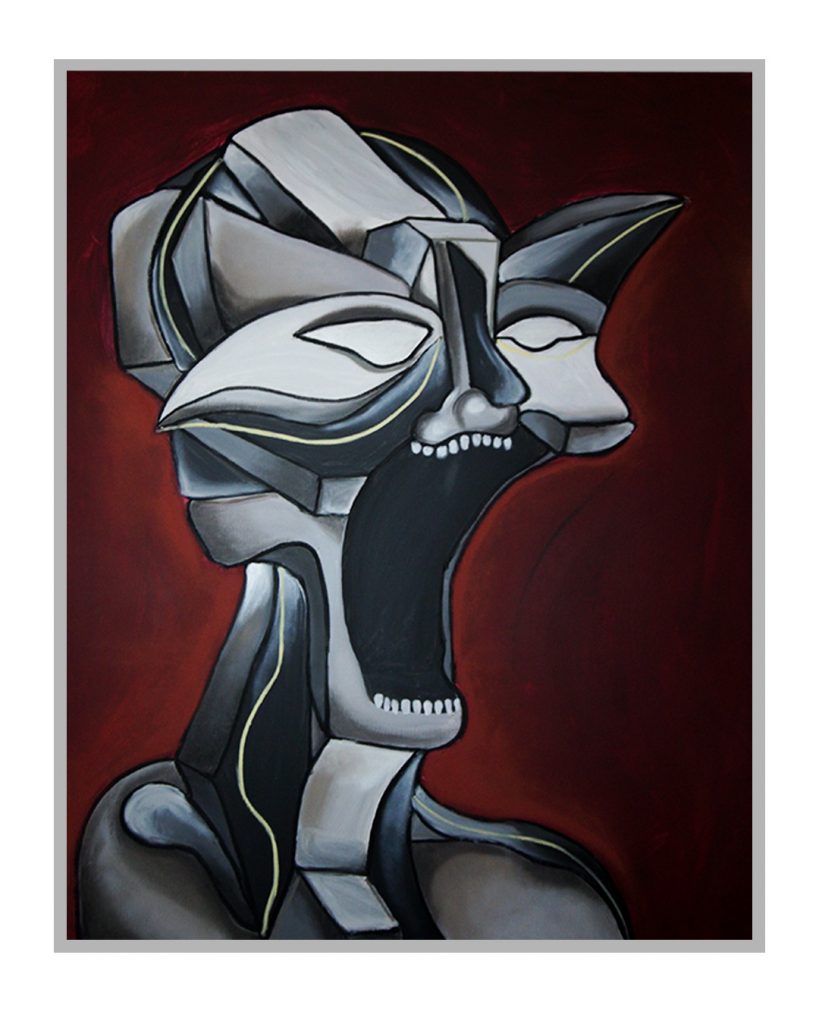 visage sur fond rouge, personnage gris, bouche ouverte 