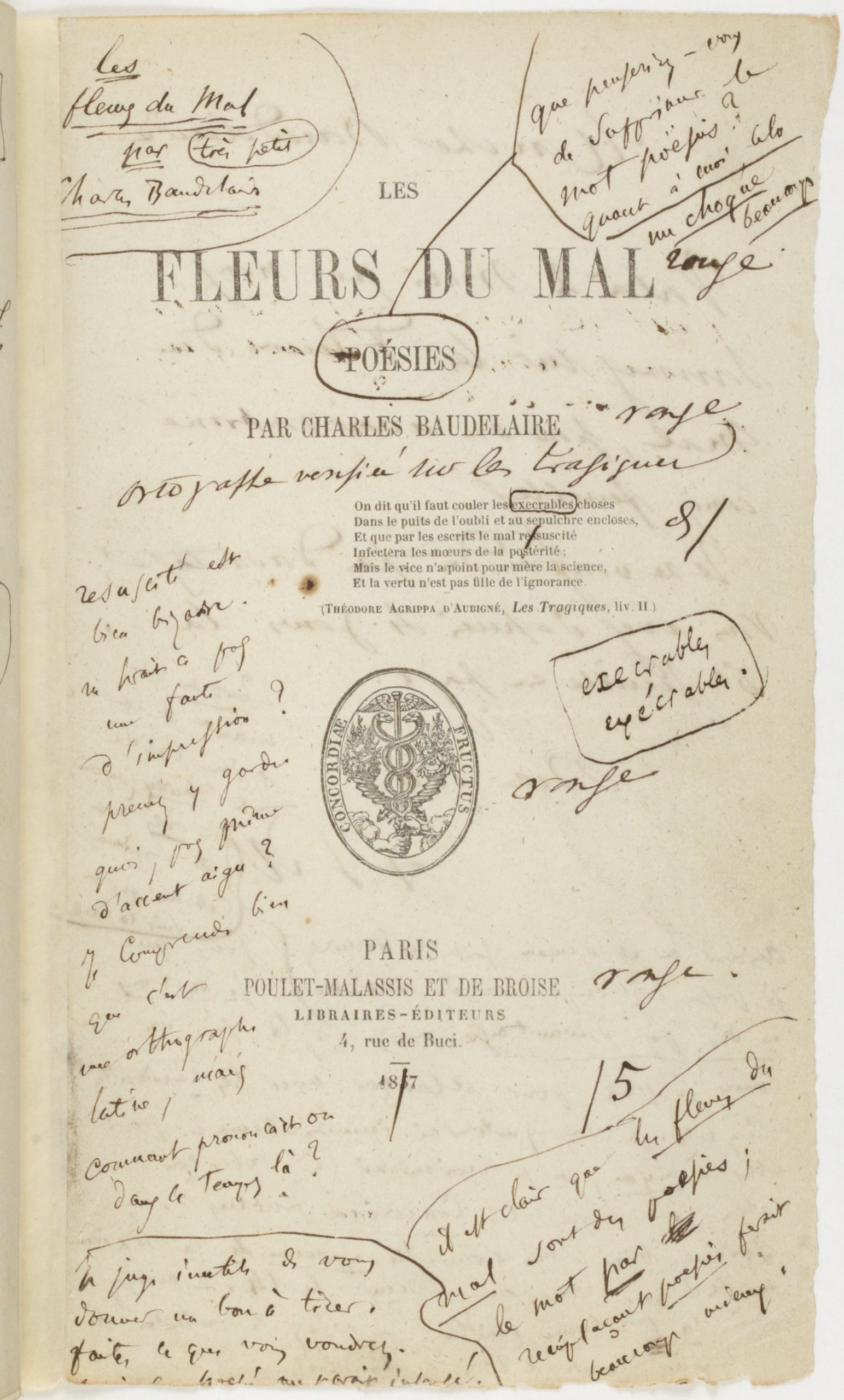 Feuille d’épreuve corrigée de la page de titre de l’édition originale des "Fleurs du Mal", 1857 BnF, Réserve des livres rares. © BnF