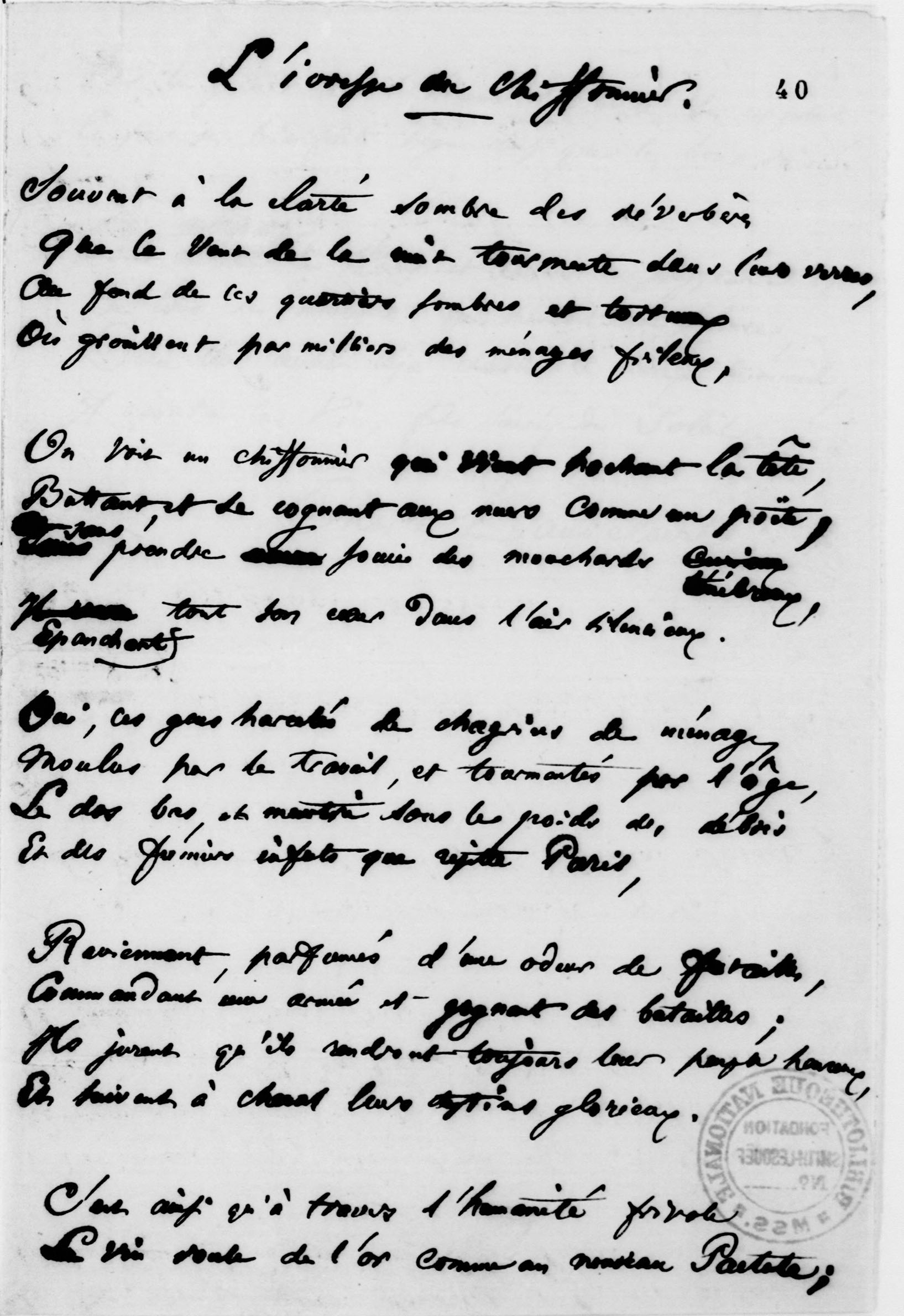 Charles Baudelaire, "L’Ivresse du chiffonnier" copie autographe signée,1852 BnF, dpt. des Manuscrits © BnF